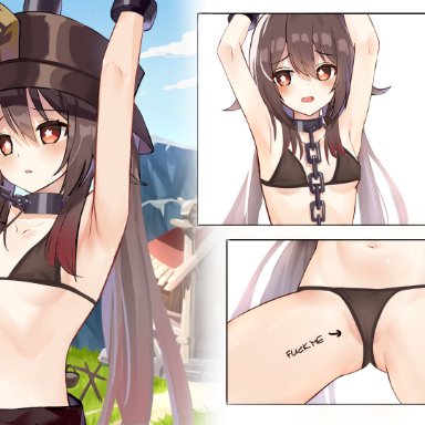 genshin impact, hu tao (genshin impact), sakutaishi, zds, 1female, 1girls, armpits, arms up, bare shoulders, belly, belly button, bikini, bikini bottom, bikini top, black bikini