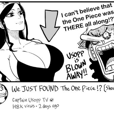 one piece, youtube, nico robin, usopp, bb (baalbuddy), big breasts, cleavage, dress, glasses, hat, huge breasts, long hair, mature female, smile, black and white
