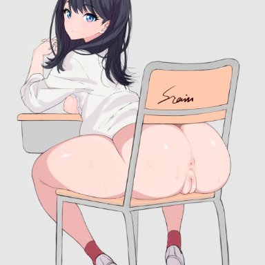 ssss.gridman, takarada rikka, tadad, anus, areolae, asian, asian female, ass focus, ass out, big ass, big breasts, black hair, blue eyes, breasts out, chair