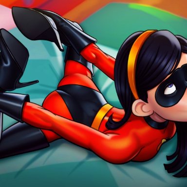 the incredibles, violet parr, ponpu (artist), 1girls, balls, bodysuit, heels, mask, penis, sex