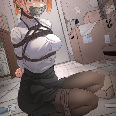 original, harris hero, 1girls, bangs, bent knees, blouse, bondage, bound legs, breasts, brown eyes, closet, clothing, dress shirt, duct tape, eimi (harris hero)