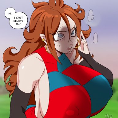 dragon ball, dragon ball fighterz, dragon ball xenoverse, android 21, android 21 (human), vomi (dragon ball), mahmapuu, blue eyes, checkered shirt, clothing, colored nails, erect nipples, erect nipples under clothes, feet, female