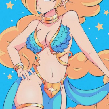 mario (series), nintendo, star wars, princess rosalina, slave leia (cosplay), belly dancer, belly dancer outfit, blonde hair, blue eyes, cleavage, cresscin, dancer, dancer outfit, hair over one eye, harem girl