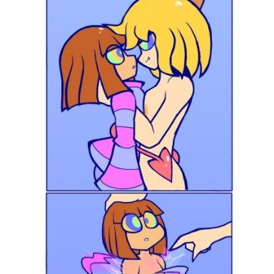 undertale, anon, frisk, evenytron, blonde hair, brown hair, femdom, hypnosis, light-skinned female, light-skinned male, nude, orgasm, striped shirt, succubus, tagme