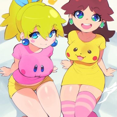 kirby (series), mario (series), nintendo, pokemon, kirby, pikachu, princess daisy, princess peach, aetherion art, 2girls, bare legs, big breasts, breasts, earrings, female