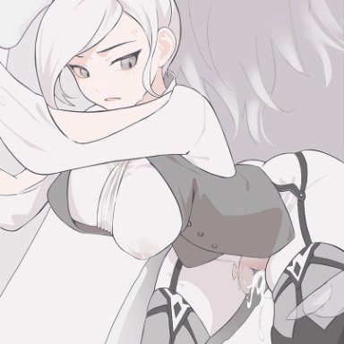 rwby, winter schnee, 100wang, wangxiii, 1girls, ambiguous penetration, areolae, breasts, clothed, clothed sex, cum, cum drip, cum inside, nipples, white hair