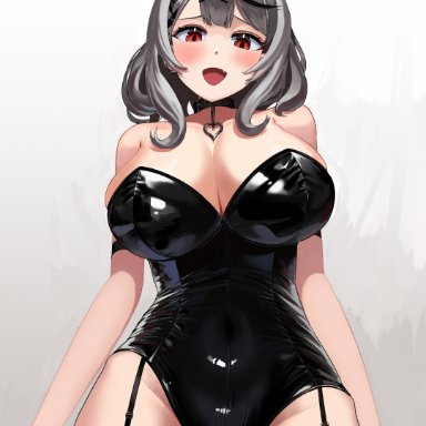 hololive, sakamata chloe, suzume b, :d, animal ears, ass visible through thighs, bare arms, bare shoulders, belt collar, black gloves, black hair, black leotard, blush, braid, breasts