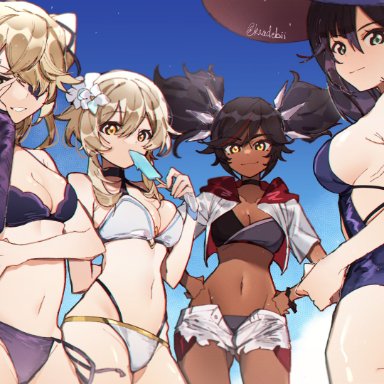 genshin impact, fischl (genshin impact), lumine (genshin impact), mona (genshin impact), xinyan (genshin impact), kradebii, 4girls, ass, bikini, black hair, blue swimsuit, breasts, cleavage, dark-skinned female, dark skin