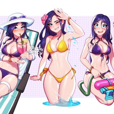 league of legends, pool party series, caitlyn kiramman, pool party caitlyn, blushypixy, 1girls, adorable, bikini, drink, drinking, purple bikini, purple bikini bottom, purple bikini top, purple hair, sun hat