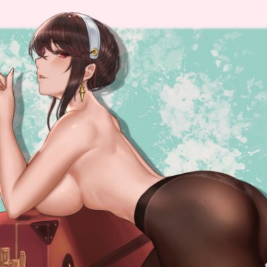 spy x family, yor briar, 1girls, ass, bangs, bare shoulders, black hair, black pantyhose, blush, breasts, dagger, dangling, dress, duchessofarmeria, earrings