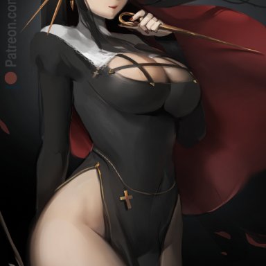 spy x family, yor briar, yor forger, meekohopanes, 1girls, black hair, cleavage, female, female only, hips, holding object, long hair, nun, nun's habit, nun outfit