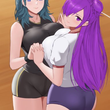 fire emblem, fire emblem: three houses, nintendo, byleth (fire emblem), byleth (fire emblem) (female), shez (fire emblem), shez (fire emblem) (female), kaos art, 2girls, ass, big ass, blue eyes, blue hair, boobs touching, breast press