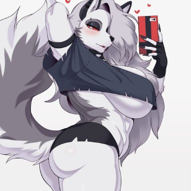 helluva boss, loona (helluva boss), cervina7 (artist), big breasts, big butt, black nails, colored nails, hellhound, holding phone, huge breasts, looking at viewer, tail, white fur, white hair