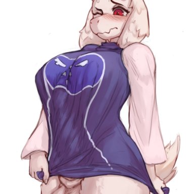 undertale (series), toriel, seraziel, anthro, balls, blush, bottomless, bovid, caprine, clothed, clothing, eyebrows, fingers, ftg crossgender, fti crossgender