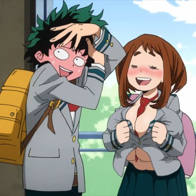 my hero academia, izuku midoriya, ochako uraraka, yetig, alternate breast size, backpack, barely contained, belly, belly overhang, big breasts, blush, breast expansion, breast hold, breast press, breast squeeze