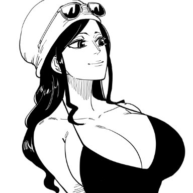 one piece, nico robin, bb (baalbuddy), 1girls, arms behind back, bare arms, bare shoulders, breasts, cleavage, dress, female, female only, hat, huge breasts, humor