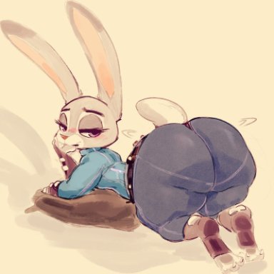 zootopia, judy hopps, kiseff, 1girls, anthro, ass, ass up, big ass, big butt, blue pants, bottomwear, bubble ass, bubble butt, bunny ears, bunny girl