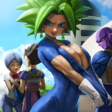 dragon ball, dragon ball super, bulma briefs, cabba, hit (dragon ball), kefla, elitenappa, 2boys, 2girls, alien, armor, background, background characters, big breasts, black hair