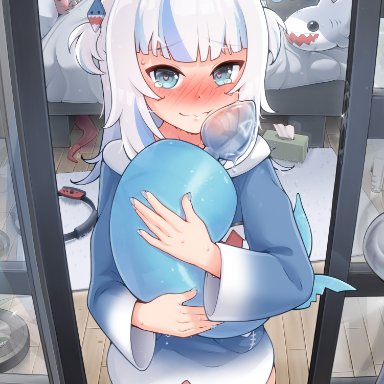 hololive, hololive english, gawr gura, merrytail, 1girls, anal plug, anal tail, blue eyes, blue hair, blush, day, embarrassed, pussy juice, pussy juice drip, room