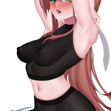 doki doki literature club, fiera (artist), 1girls, armpits, blush, breasts, cameltoe, erect nipples, erect nipples under clothes, eye contact, female, green eyes, hair ribbon, long hair, looking at viewer