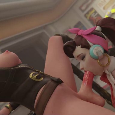 overwatch, ashe (overwatch), d.va, dreamrider, hentaivr, 1female, 1futa, 1girls, areola, blowjob, breasts out, duo, duo focus, exposed breasts, fellatio