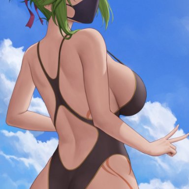 genshin impact, kuki shinobu, zaphn, 1girls, ass, ass focus, ass shot, backboob, beach, body markings, breasts, female, female only, green hair, hips