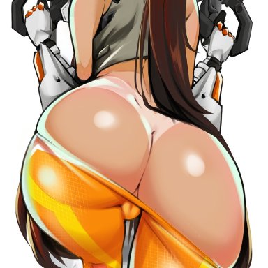 overwatch, tracer, bayeuxman, 1girls, ass, big ass, big butt, brown hair, eye contact, female, female focus, half-closed eyes, long hair, looking at viewer, looking back