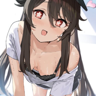 genshin impact, hu tao (genshin impact), xkirara39x, all fours, bare shoulders, baseball cap, black bra, blush, bra, breasts, brown hair, casual, cleavage, collarbone, down blouse