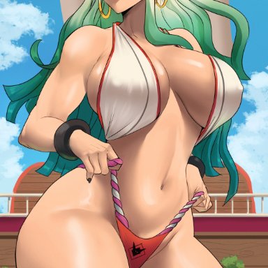 one piece, yamato (one piece), echosaber, 1girls, areolae, bikini, breasts, female, female only, hips, horns, huge breasts, large areolae, long hair, red eyes