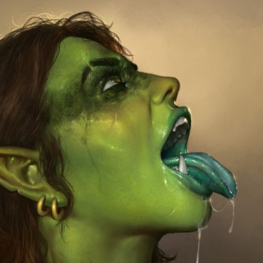 original, justsomenoob, brown eyes, brown hair, close-up, colored skin, colored tongue, cum, cum in mouth, cum on tongue, earrings, female, female orc, from side, green lips