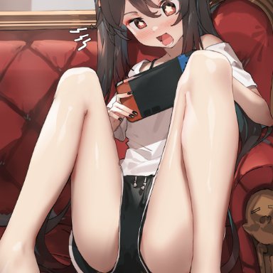 genshin impact, hu tao (genshin impact), xkirara39x, 1girls, bare legs, barefoot, blush, brown hair, casual, clothing, couch, feet, female, female only, gamer girl