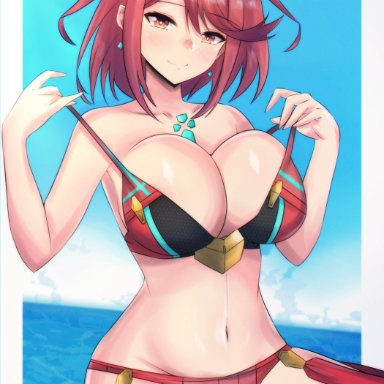 nintendo, xenoblade (series), xenoblade chronicles 2, pyra, latte (artist), 1girls, adapted costume, bangs, bikini, bikini top pull, breasts, cleavage, earrings, female, female only