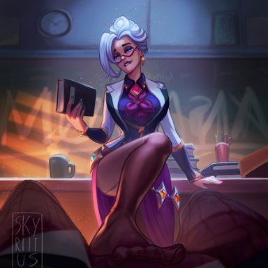 league of legends, riot games, morgana, star nemesis morgana, skyrilius, 1girls, clothing, feet, fetish, school, solo female, teacher, uniform, video games, tagme