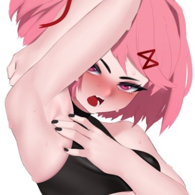 doki doki literature club, fiera (artist), abdomen, armpit, armpit fetish, armpits, blush, embarrassed, midriff, petite, petite body, pink hair, presenting armpit, schoolgirl