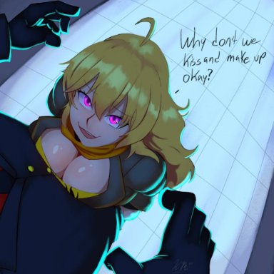 rwby, yang xiao long, etrius, k etrius, 1boy, 1girls, ahoge, blonde hair, breast press, breasts, cleavage, club, imminent paizuri, insinuation, large breasts