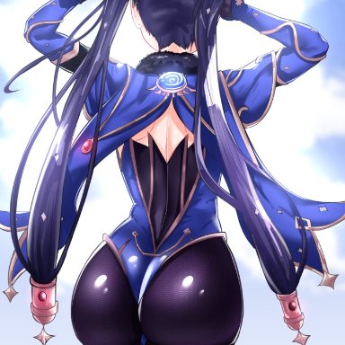 genshin impact, mona (genshin impact), o22no, 1girls, ass, ass focus, back, back view, big ass, black legwear, bottomwear, clothing, dark blue hair, dat ass, female