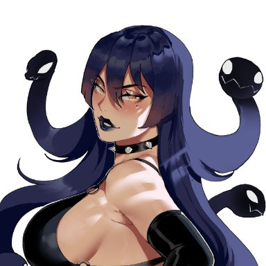 medusa, thiccwithaq, beauty mark, black hair, black lipstick, choker, large breasts, mole under eye, prehensile hair, seductive eyes, seductive smile, sideboob, slit pupils, sole female, spiked collar