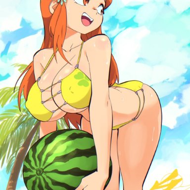 bleach, inoue orihime, aetherion art, 1girls, bare arms, bare legs, bare shoulders, beach, bikini, breasts, bust, busty, carrying, carrying object, cleavage