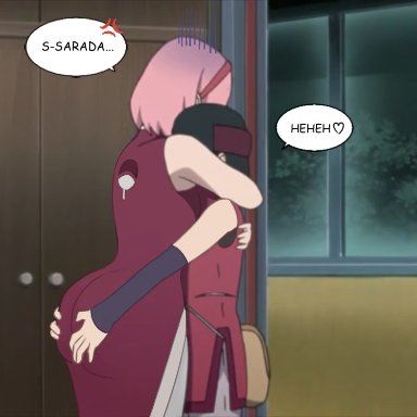 boruto: naruto next generations, naruto, naruto (series), sakura haruno, sarada uchiha, biggies00, 2girls, adult and teenager, age difference, alternate ass size, anger vein, annoyed, ass, ass focus, ass grab