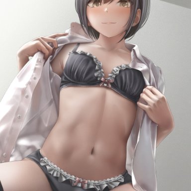 original, ameya, 2boys, black bra, black legwear, black panties, blush, boy on top, bra, bulge, closed mouth, crossdressing, femboy, grey hair, jacket