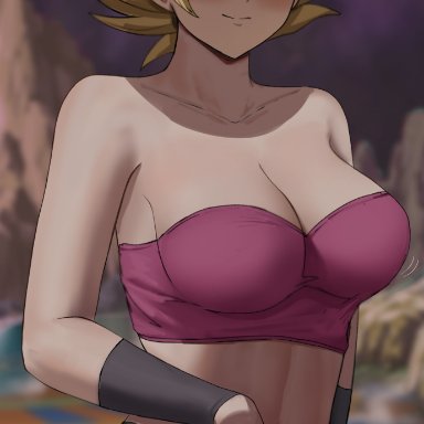 dragon ball, dragon ball super, caulifla, savagexthicc, 1girls, angry, black panties, blonde hair, blush, breasts, embarrassed, female, female only, green eyes, hips