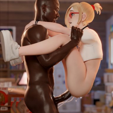 darcy redd, citrus2077, 1boy, arms on shoulders, bald, blonde hair, dark-skinned male, female, glasses, interracial, nude male, open mouth, partially clothed, sex, shoes