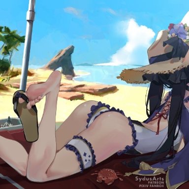 genshin impact, mona (genshin impact), sydus, sydusarts, ass, astrologer, barefoot, beach, beach hat, big ass, big butt, feet, laying down, laying on stomach, shoulders