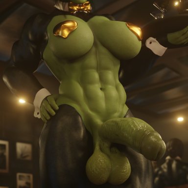 dc, hulk (series), injustice 2, marvel, diana prince, she-hulk, wonder woman, amazonium, abs, ass, bar, bar maid, big balls, big penis, bowtie
