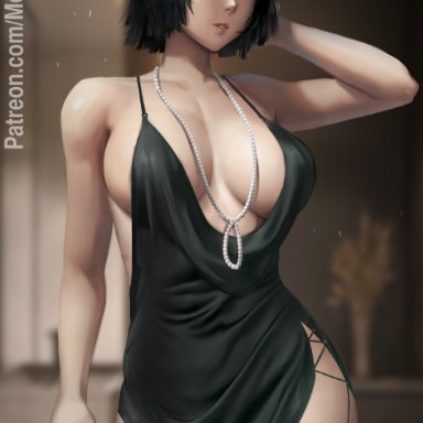 one-punch man, fubuki (one-punch man), meekohopanes, 1girls, arm up, bangs, bare shoulders, beer, beer can, big breasts, blush, bob cut, breasts, busty, cleavage