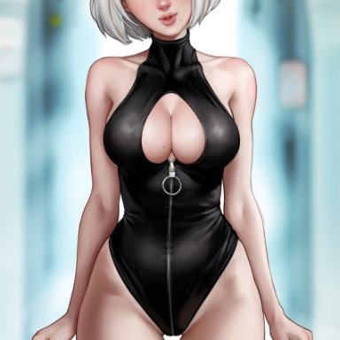 nier: automata, nier (series), yorha 2b, aroma sensei, bare shoulders, black leotard, black thighhighs, breasts, cleavage, cleavage cutout, clothing cutout, curvy, female, hair over one eye, hairband