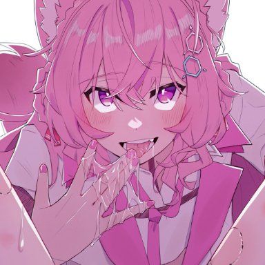 hololive, hakui koyori, 2girls, after fingering, backlighting, bangs, bite mark, blush, braid, braided bun, collared shirt, coyote ears, coyote tail, crown braid, female pov