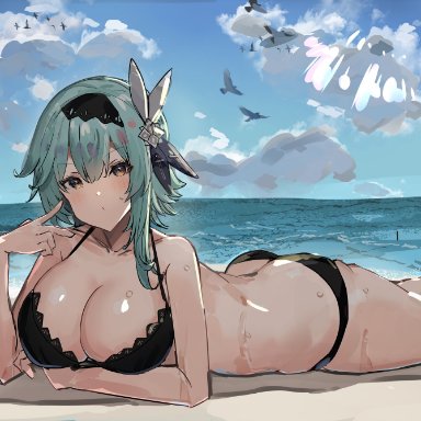 genshin impact, eula (genshin impact), artist request, 1girls, ass, ass cleavage, beach, bikini, black bikini, blue hair, blush, breasts, butt crack, cleavage, fat ass