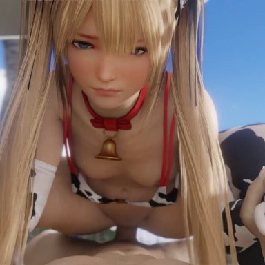 dead or alive, dead or alive 5, marie rose, lazyprocrastinator, 1boy, 1girl, beach, blonde hair, bouncing breasts, breasts, breasts out, cow bikini, cow gloves, cow print, cowgirl position