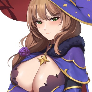 genshin impact, lisa (genshin impact), mona (genshin impact) (cosplay), kauru00, 1girls, breasts, brown hair, cleavage, cosplay, female, female only, green eyes, hat, huge breasts, large hat